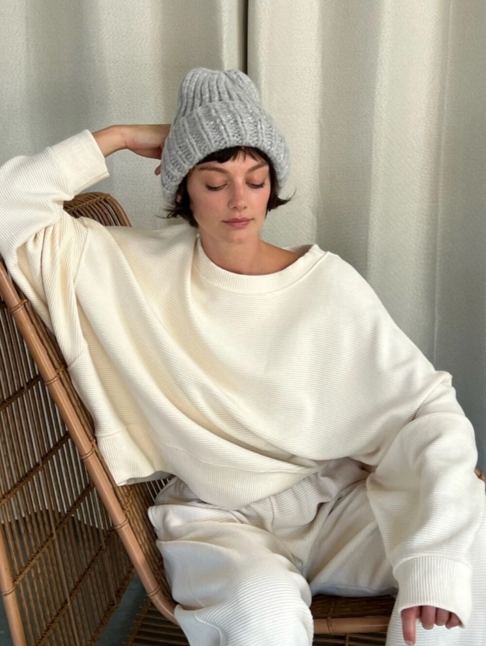 NA NIN Margot Rippled Cotton Cropped Sweatshirt Cream O/S Batwing Sleeve Fall